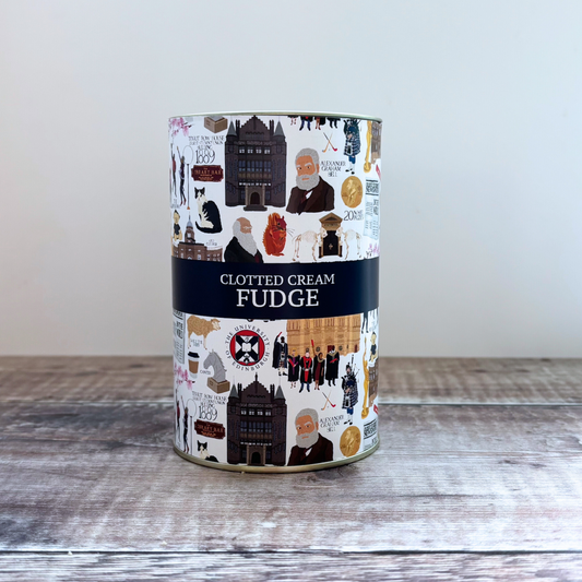 Our University fudge is presented in a metal drum wrapped in our exclusive heritage design. Illustration by Made by Esther.