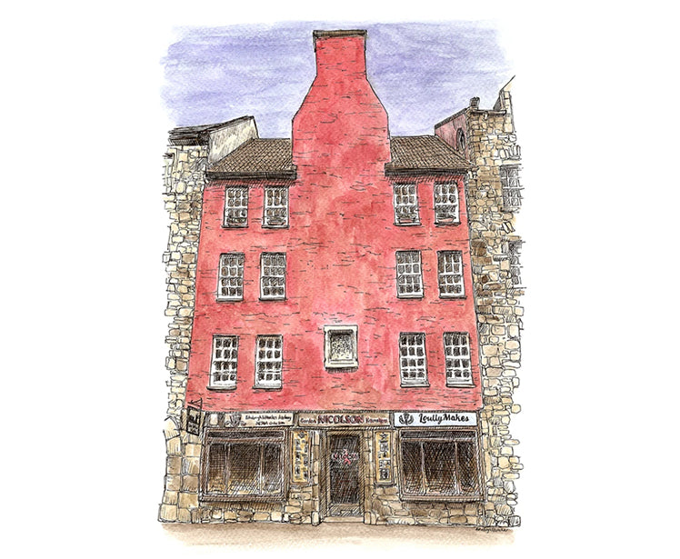 Historic Royal Mile building illustrated in watercolours