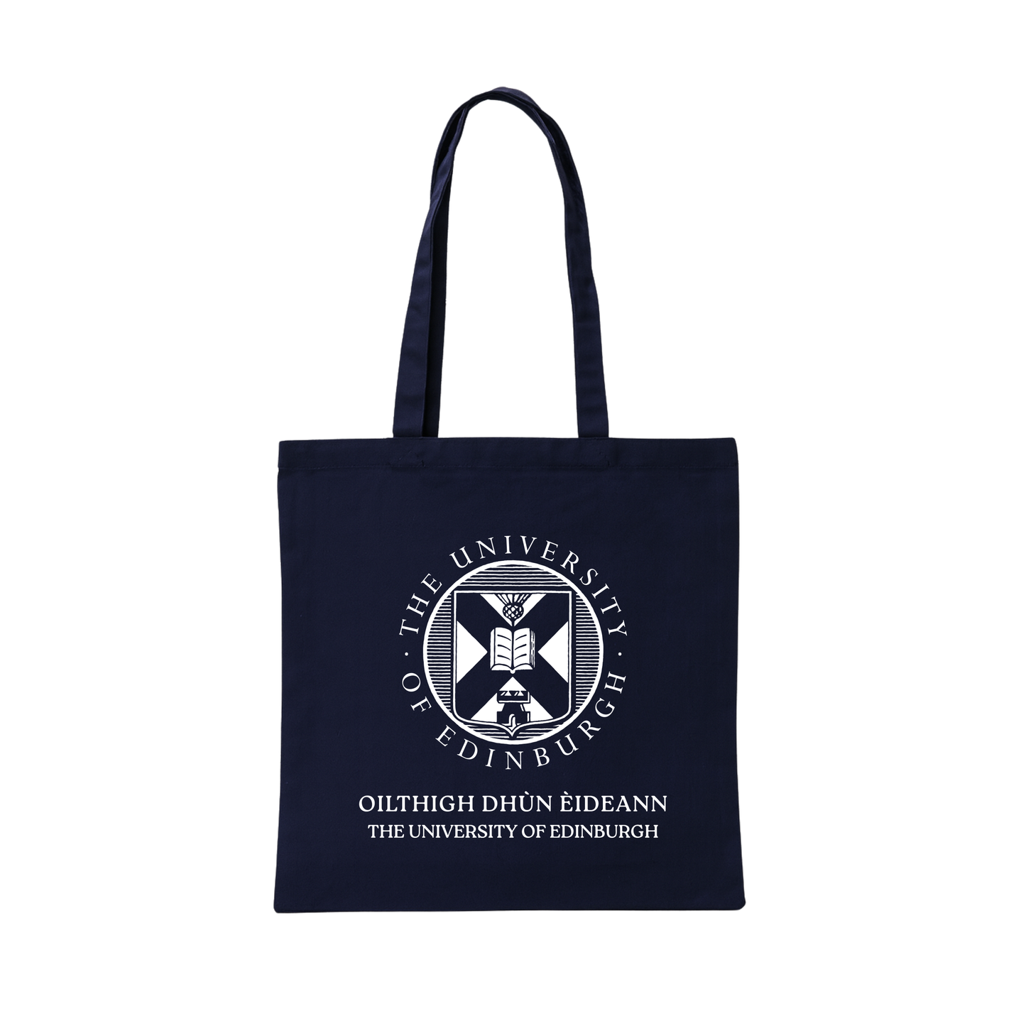 Our Gaelic Bilingual logo on a navy canvas tote.
