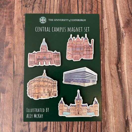 The Central Campus magnet set on a green backing card. The set features Ally McKay's illustrations of Old College, Teviot Row House, the Main Library, McEwan Hall and the Edinburgh Futures Institute. 