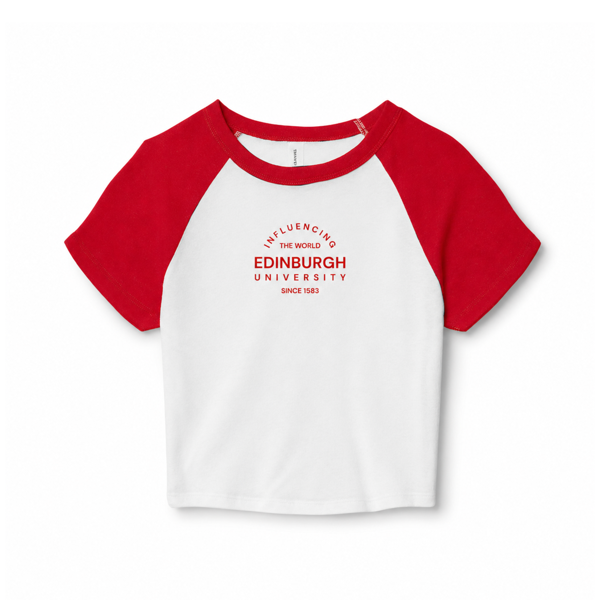 White and red cropped baseball shirt with 'INFLUENCING THE WORLD EDINBURGH UNIVERSITY SINCE 1583' text on a white background