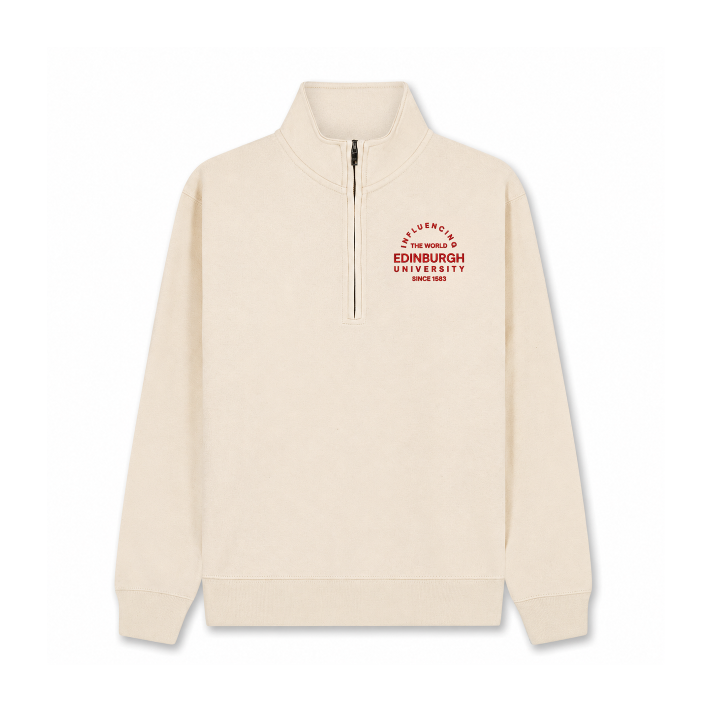 Beige half-zip sweatshirt with red embroidered text reading 'INFLUENCING THE WORLD EDINBURGH UNIVERSITY SINCE 1583'