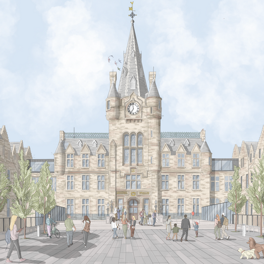 Postcard featuring a colourful, architectural-style illustration of the Edinburgh Futures Institute, housed in the historic Old Royal Infirmary building. The artwork uses muted tones and highlights the building’s historic design.