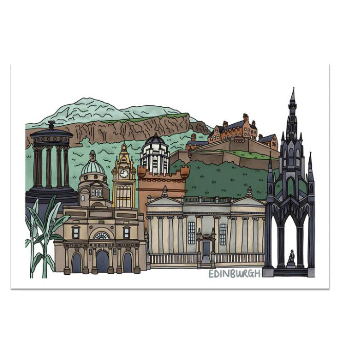 Art Print of Edinburgh Landmarks. Including: Scot Monument, National Museum of Scotland, Arthur's Seat, St Gile's Catherdral, Calton Hill and Edinburgh Castle.