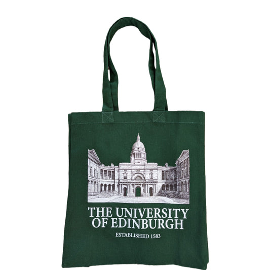 Forrest Green tote bag with a design of the University of Edinburgh's Old College Courtyard in black and white. Text reading ' The University of Edinburgh Established 1583' is under the black and white building design.
