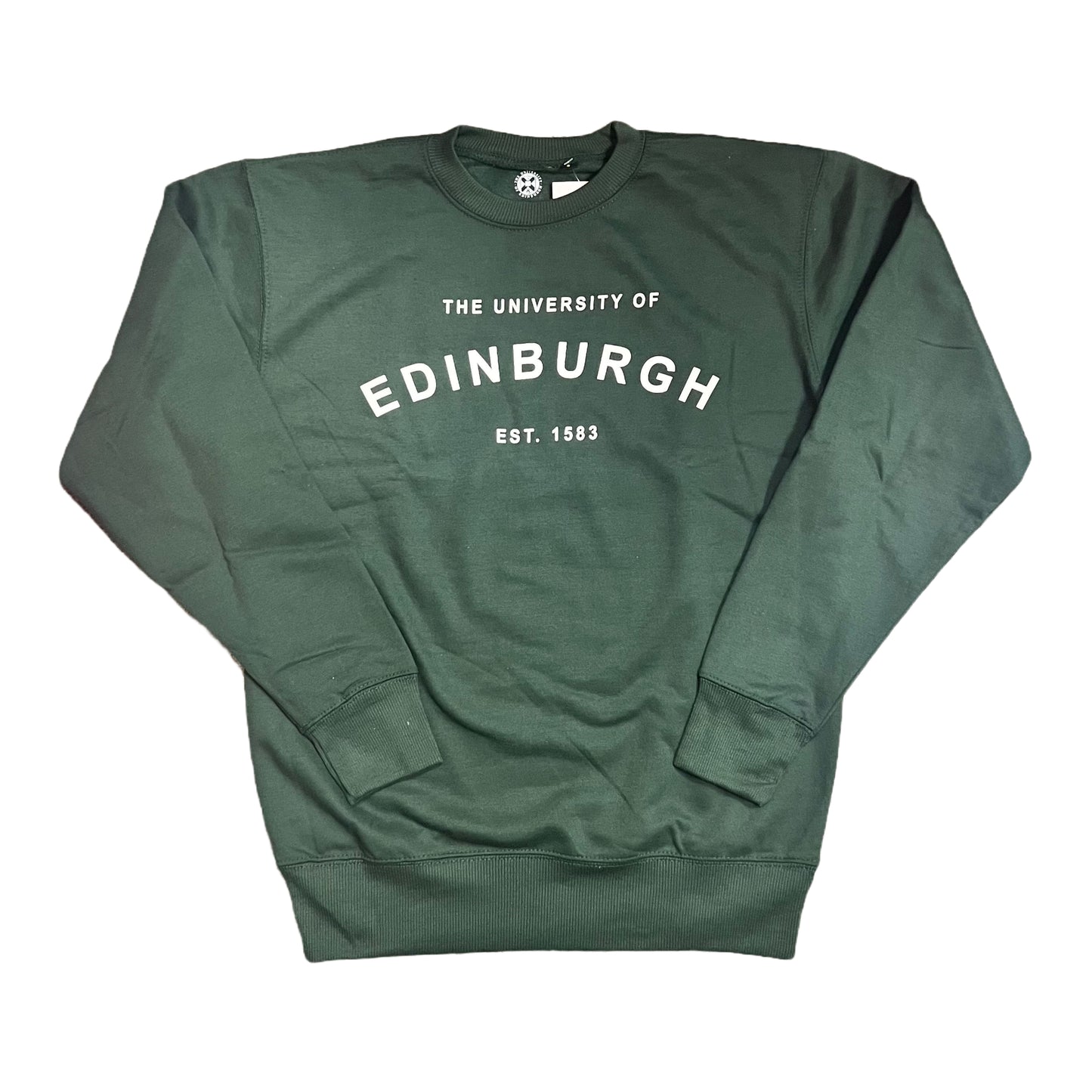 Bottle Green Sweatshirt with white text in the centre reading 'The University  of Edinburgh EST. 1583'. The word 'Edinburgh' Is curved.