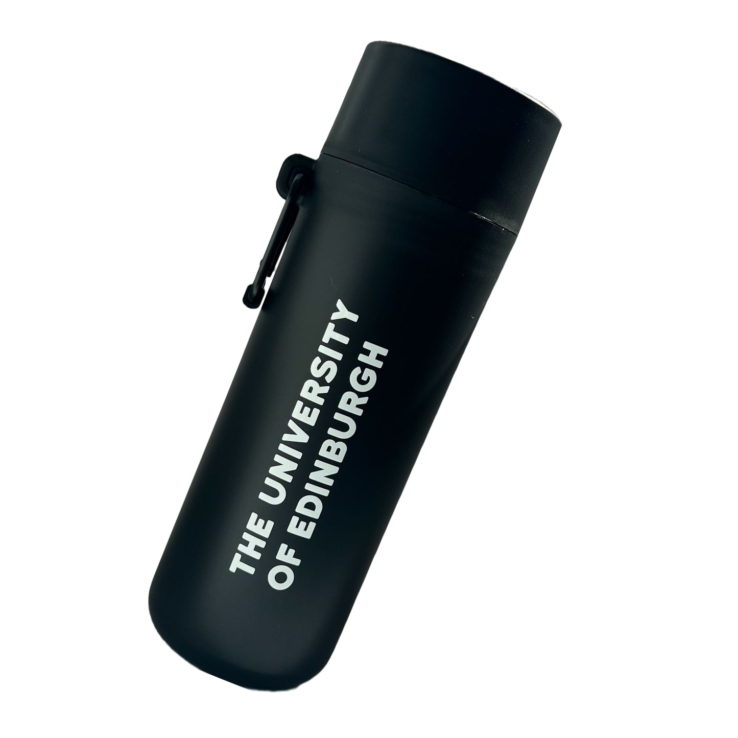 Swheat Water Bottle in Black with University of Edinburgh text in white.