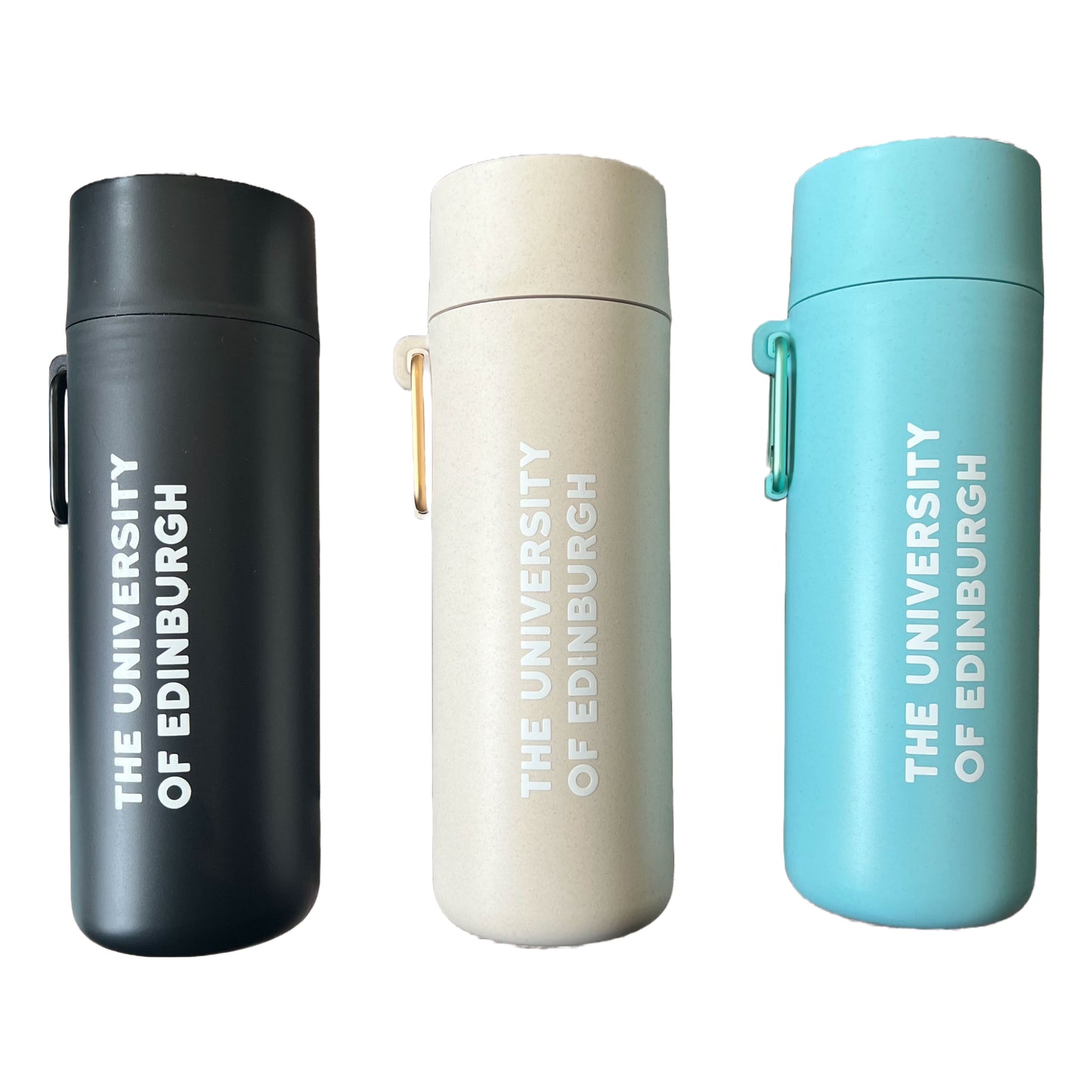 Swheat Brand Water Bottles with University of Edinburgh text in white. Available in three colours: Black, Oat and Light Blue.