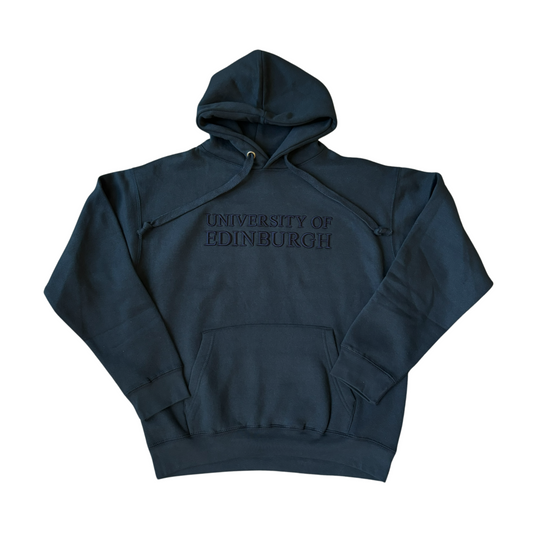 Navy sweatshirt with embossed navy lettering that reads 'University of Edinburgh'.