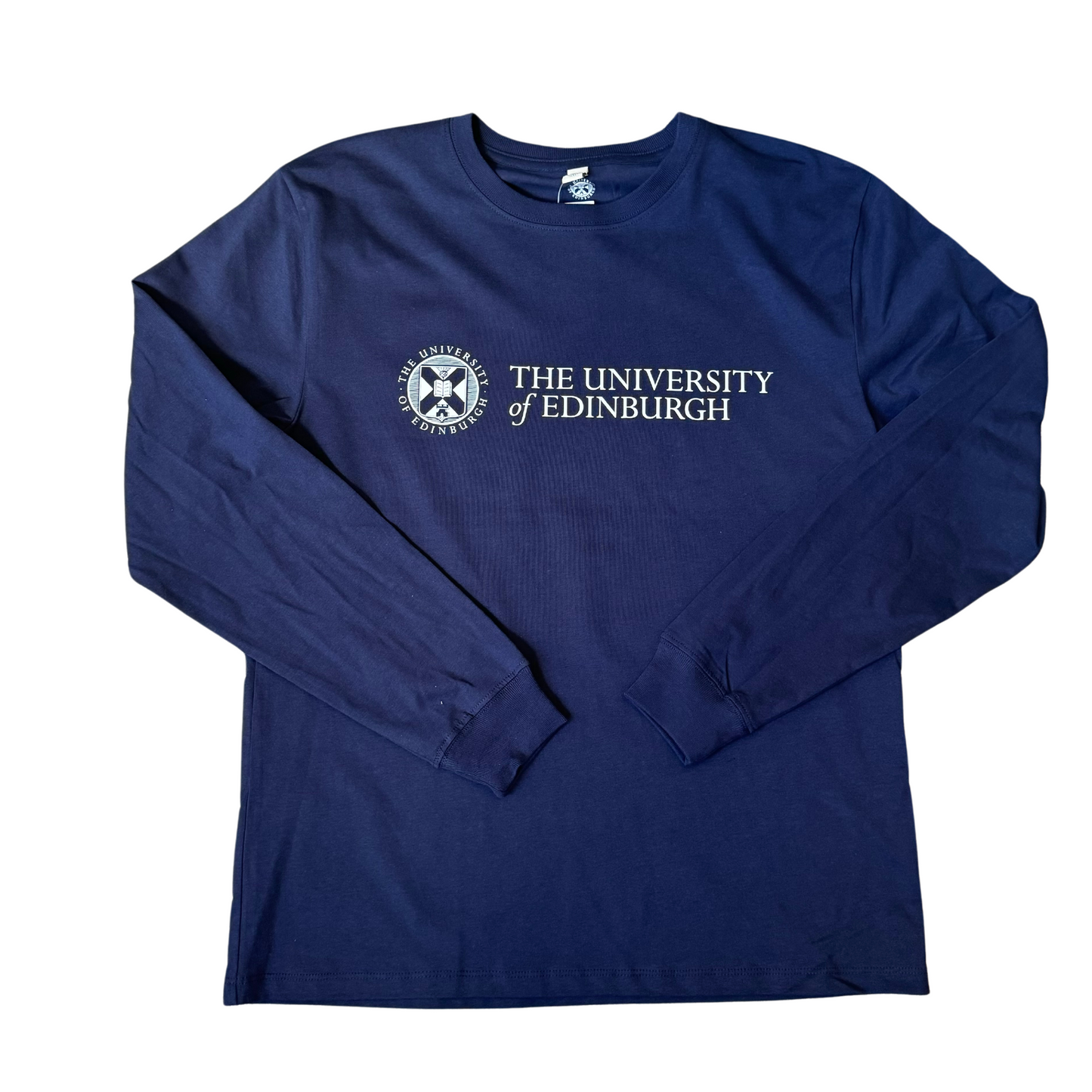 The University Classic Logo on our navy blue long sleeve with cuffed sleeves against white backdrop.