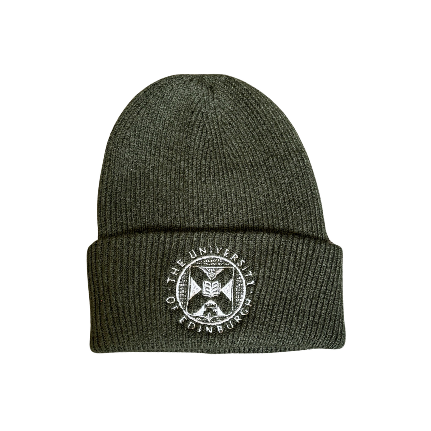 OLIVE green ribbed cotton beanie with white embroidered university crest