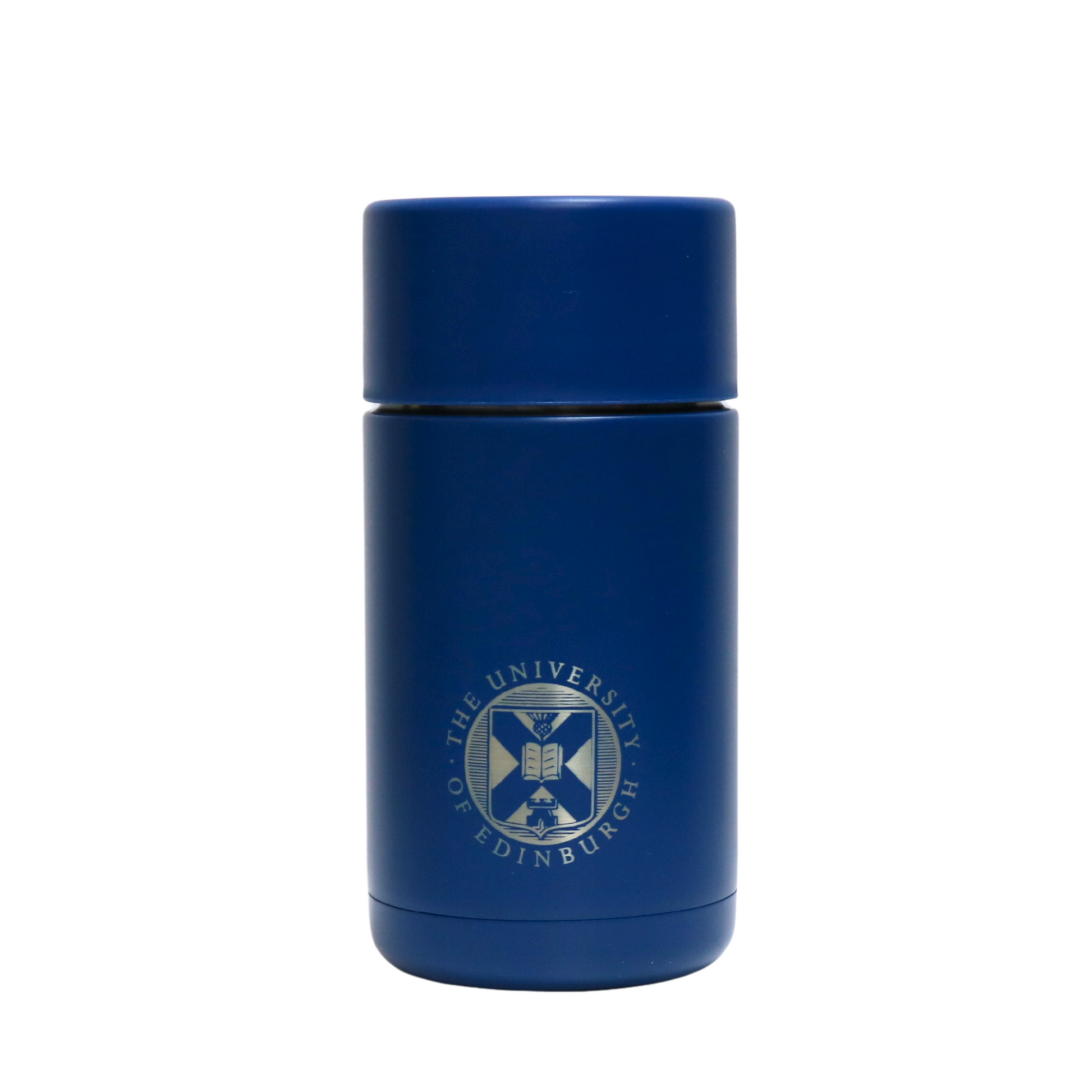 The front of the Frank Green Thermal Reusable Coffee Cup - 355ml in Deep Ocean with the University logo laser engraved. 