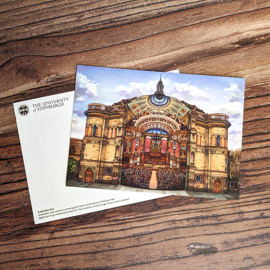 Postcard with art design of McEwan Hall showing the inside and outside of the building.