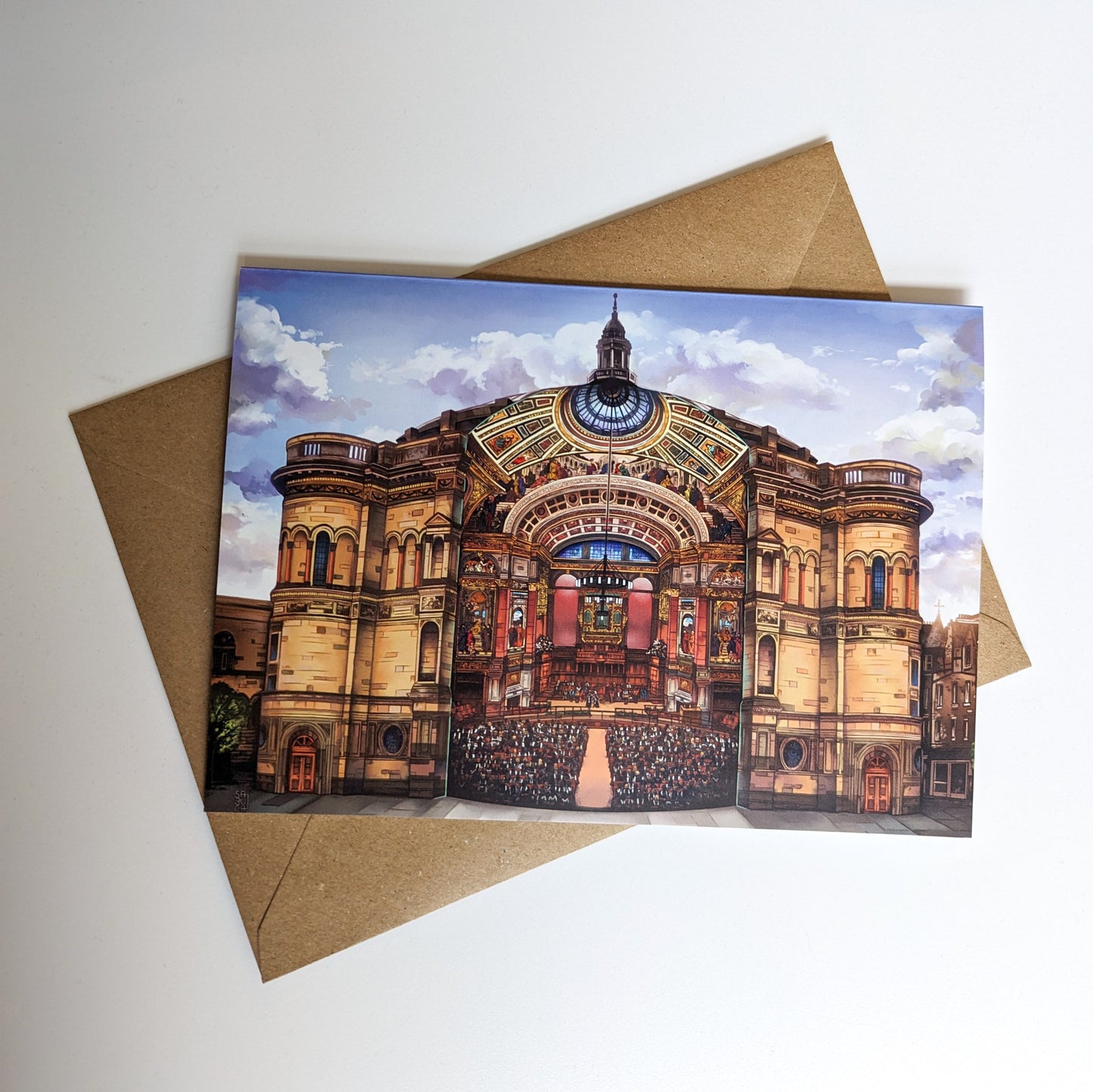 Greeting Card with art design of McEwan Hall showing the inside and outside of the building.