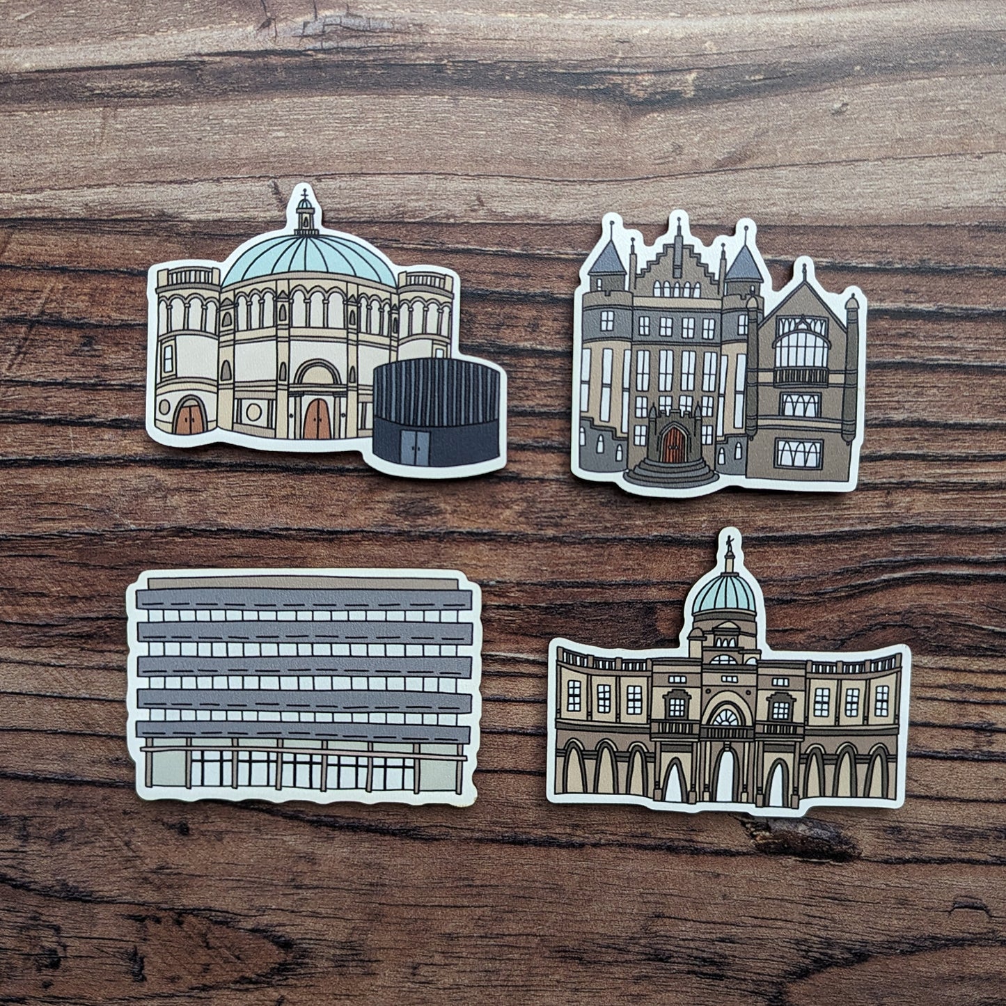 Wooden Illustrated Buildings Magnet Set