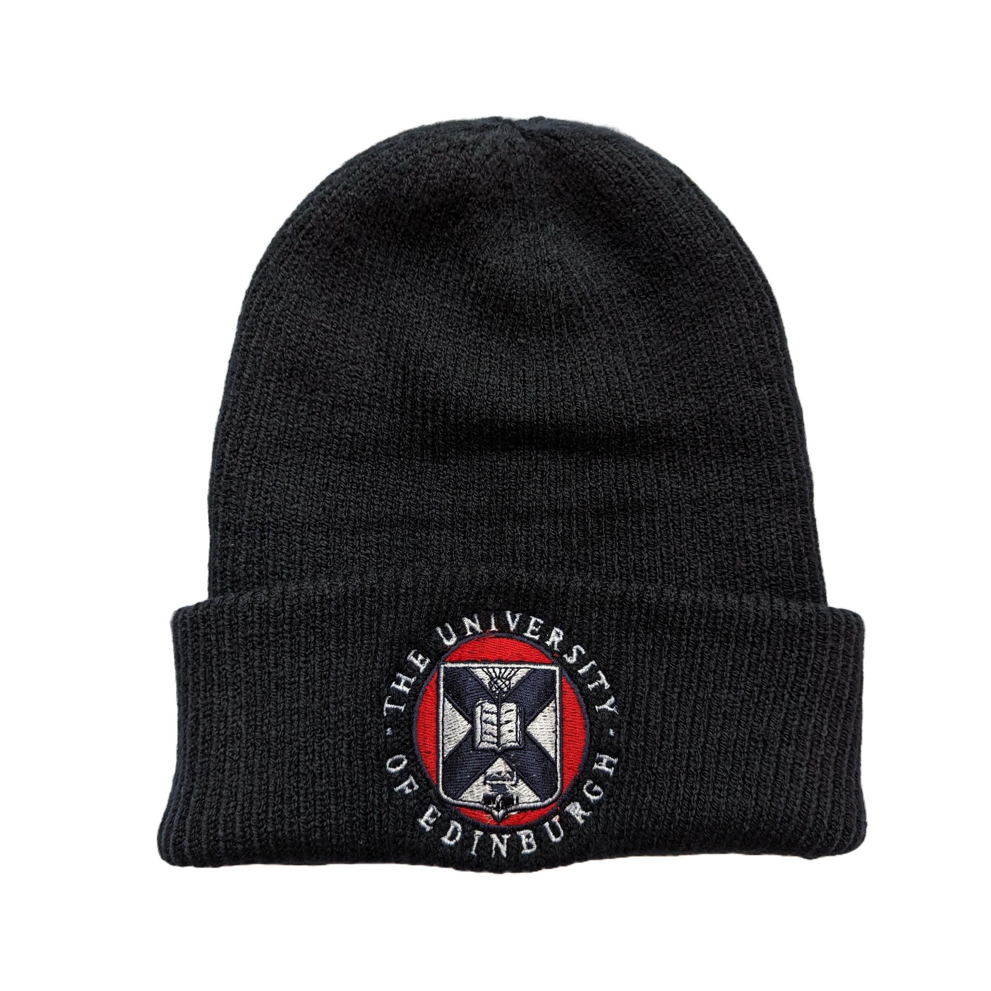 navy ribbed cotton beanie with red, white, and navy embroidered university crest