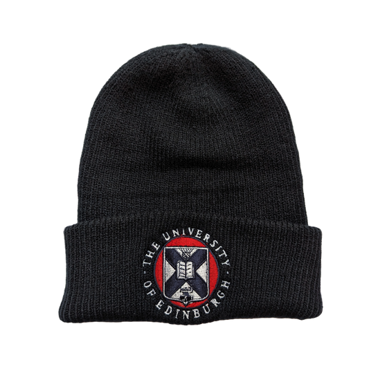 navy ribbed cotton beanie with red, white, and navy embroidered university crest