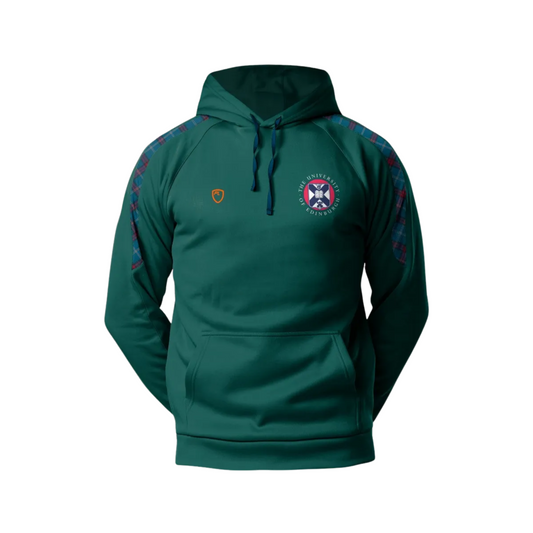 Green drawstring hoodie with University tartan detailing on the sleeves. The front of the hoodie has the orange PlayerLayer logo on the left and the full colour University crest embroidered on the right