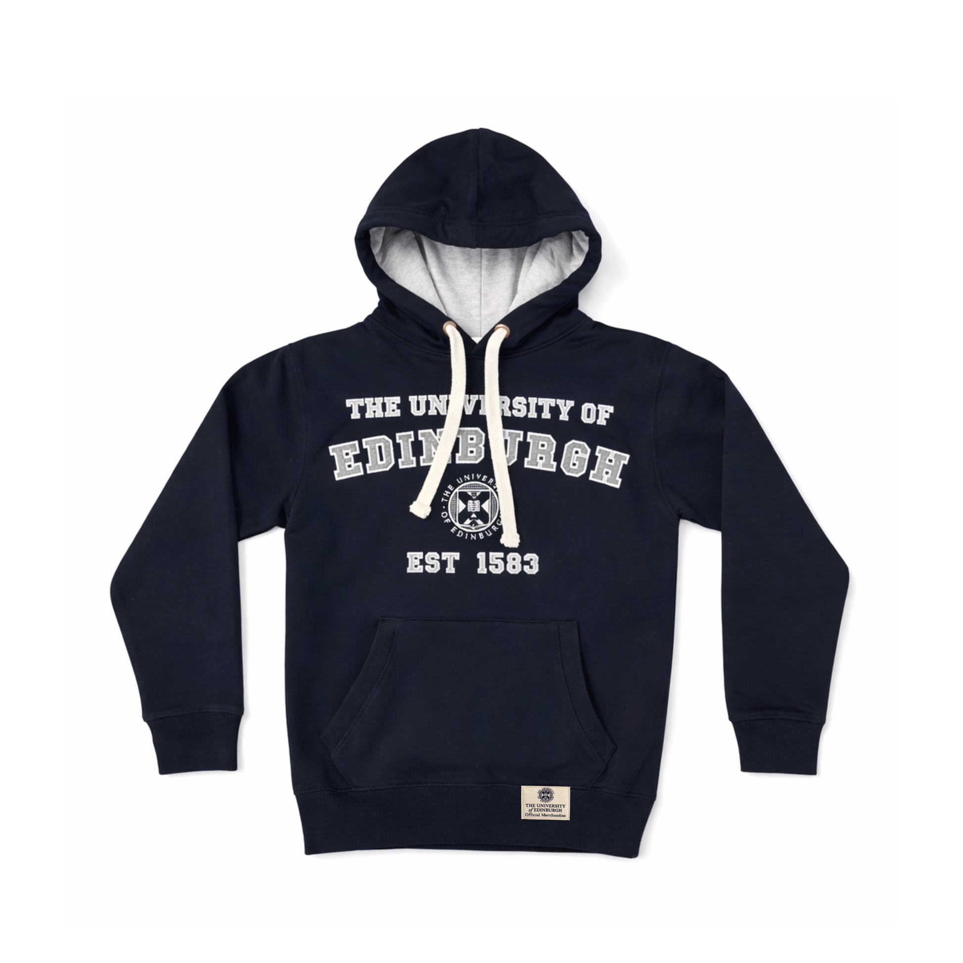 Navy hoodie with 'The University of Edinburgh' in applique letters above a white embroidered University of Edinburgh crest and the text 'EST 1583'