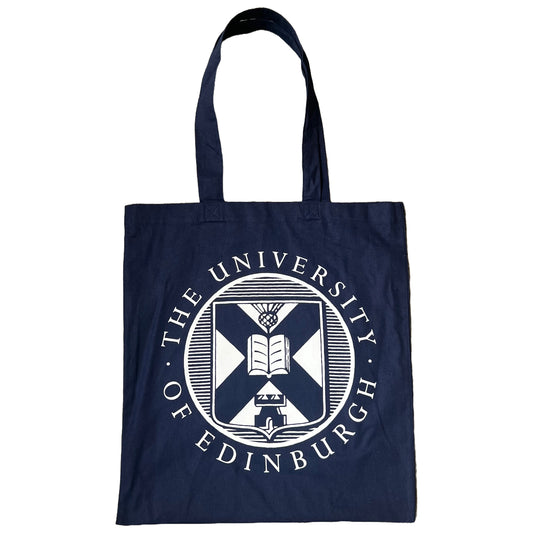 Navy tote bag with large university crest printed in white