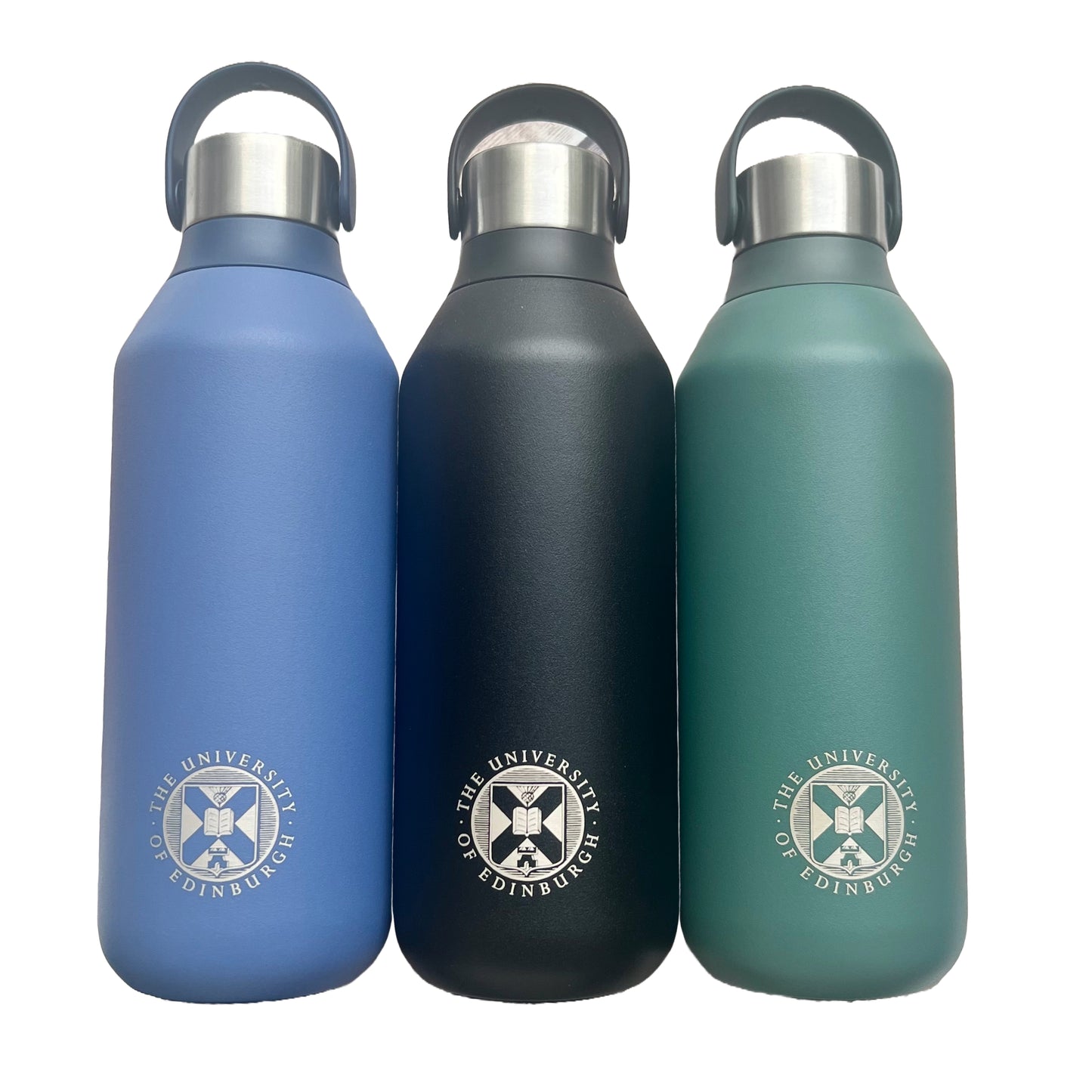 Blue, black and green chillys bottles with the university crest engraved