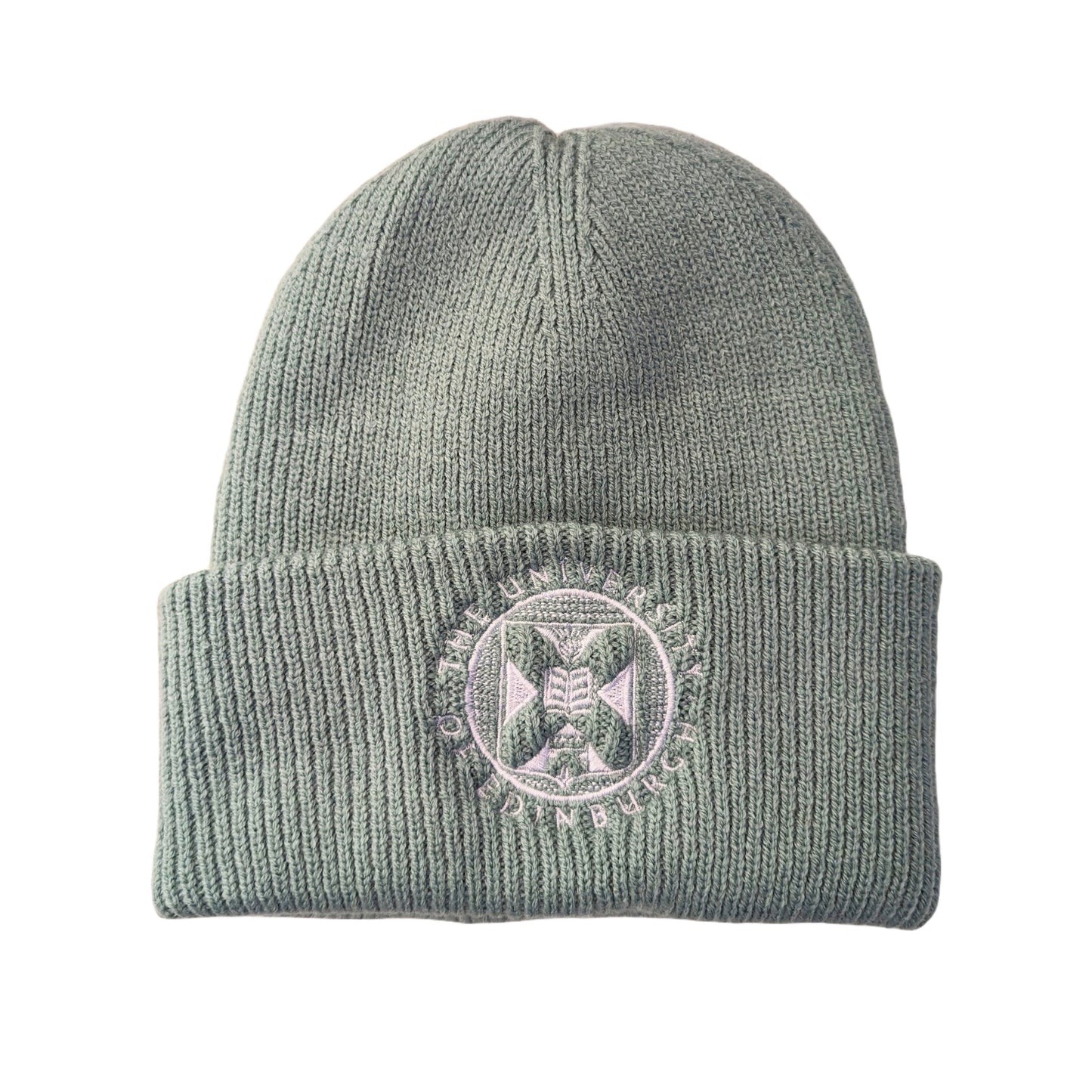 sage green ribbed cotton beanie with white embroidered university crest