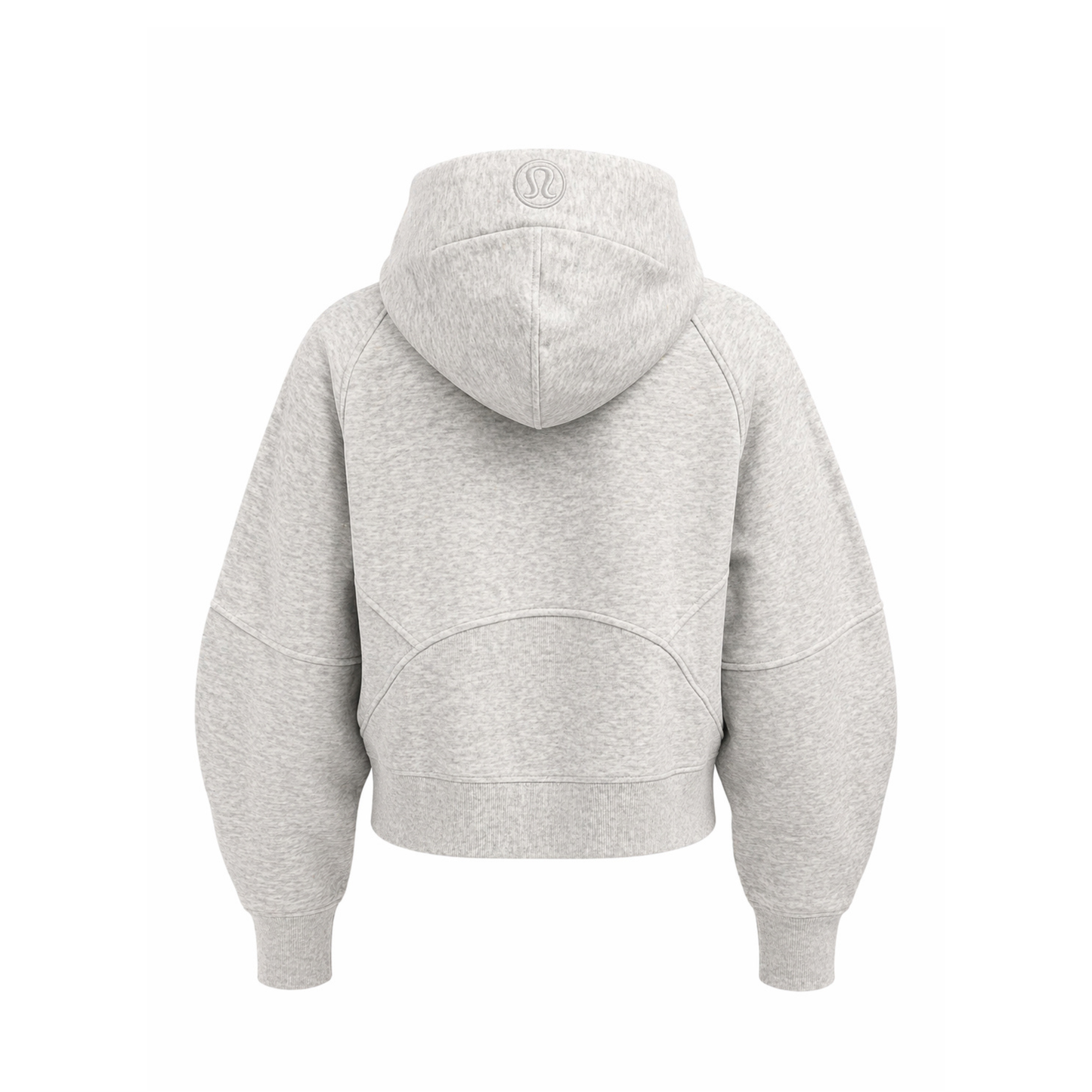 Back of Heather grey scuba 1/2 zip hoodie with embroidered lululemon logo on hood