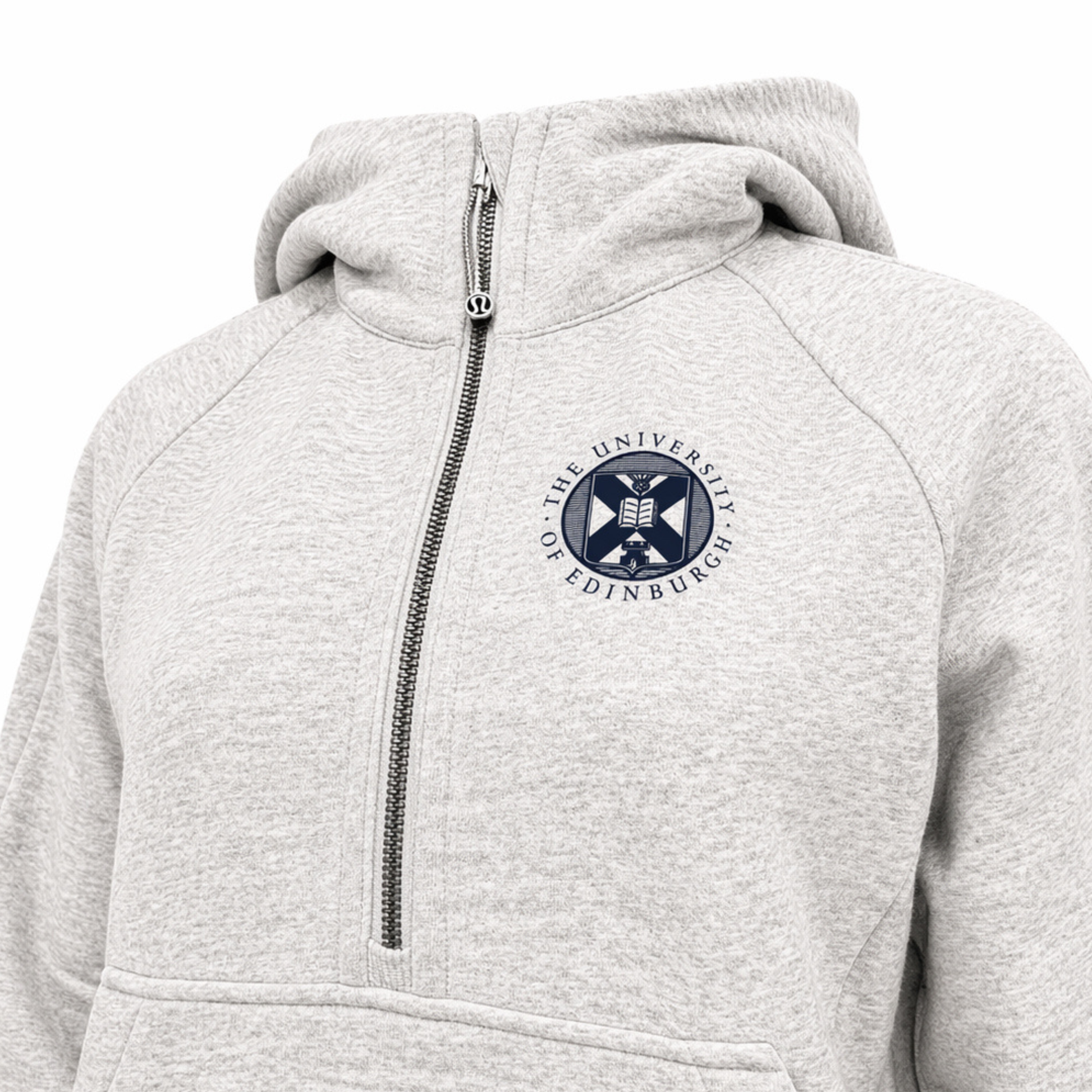 Heather grey scuba 1/2 zip hoodie with navy university crest on right chest.