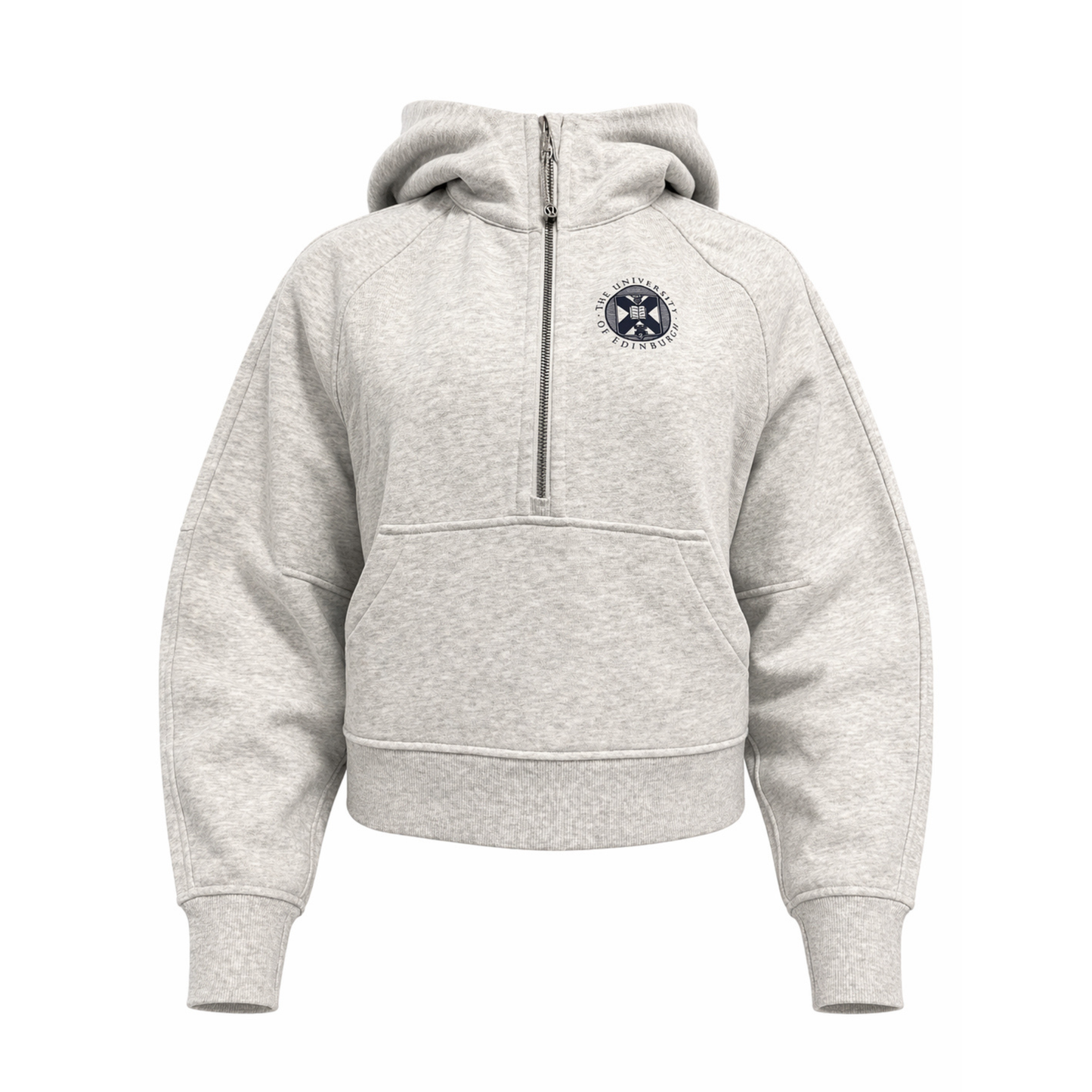 Heather grey scuba 1/2 zip hoodie with navy university crest on right chest.