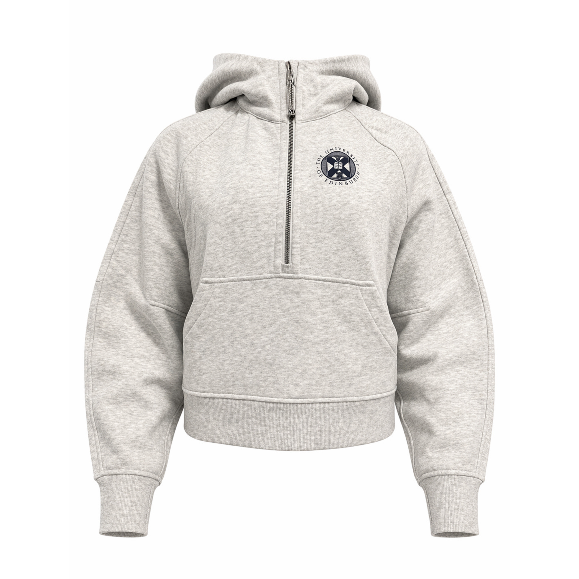 Heather grey scuba 1/2 zip hoodie with navy university crest on right chest.