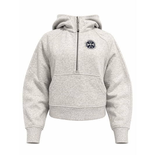 Heather grey scuba 1/2 zip hoodie with navy university crest on right chest.