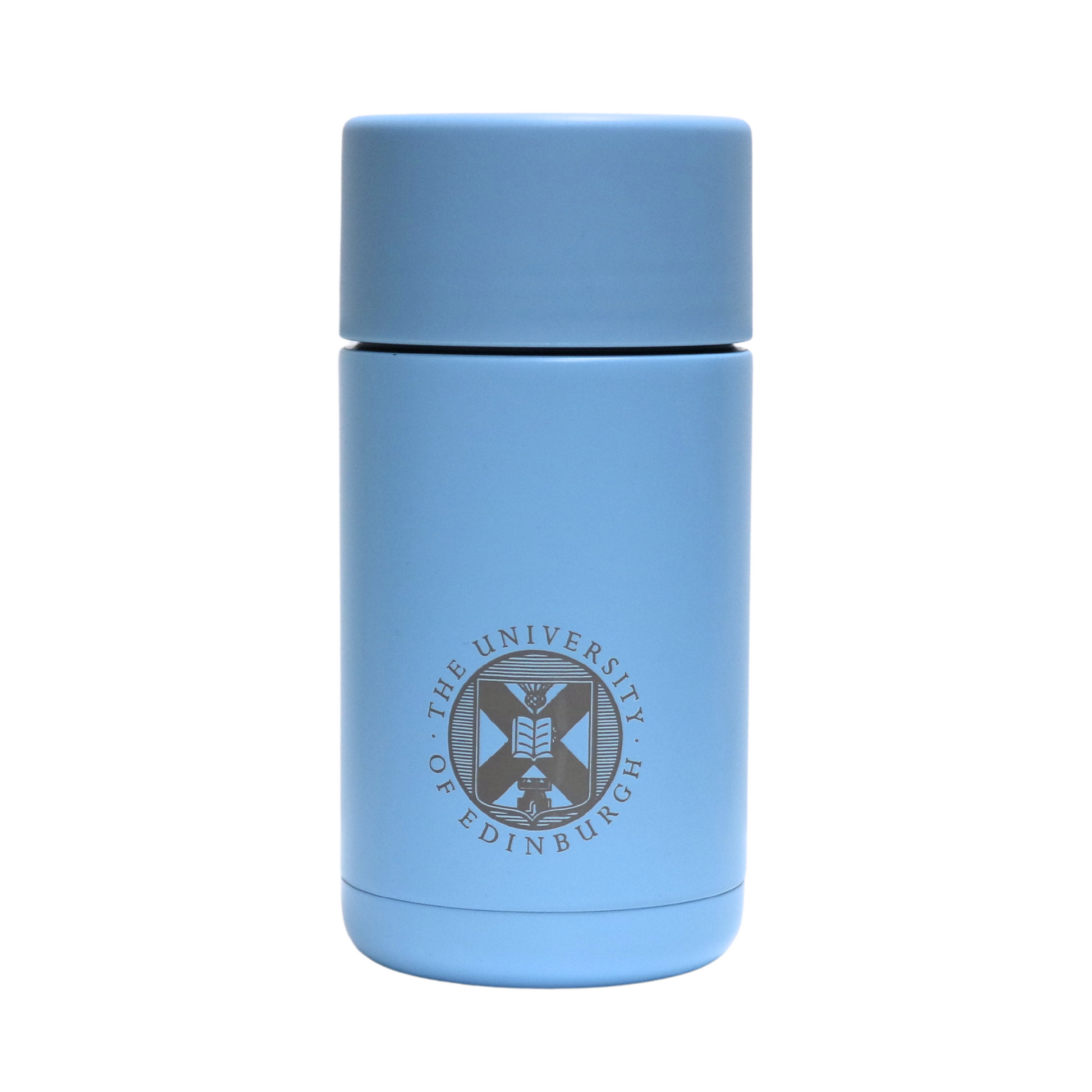 The front of the Frank Green Thermal Reusable Coffee Cup - 355ml in Sky Blue with the University logo laser engraved. 