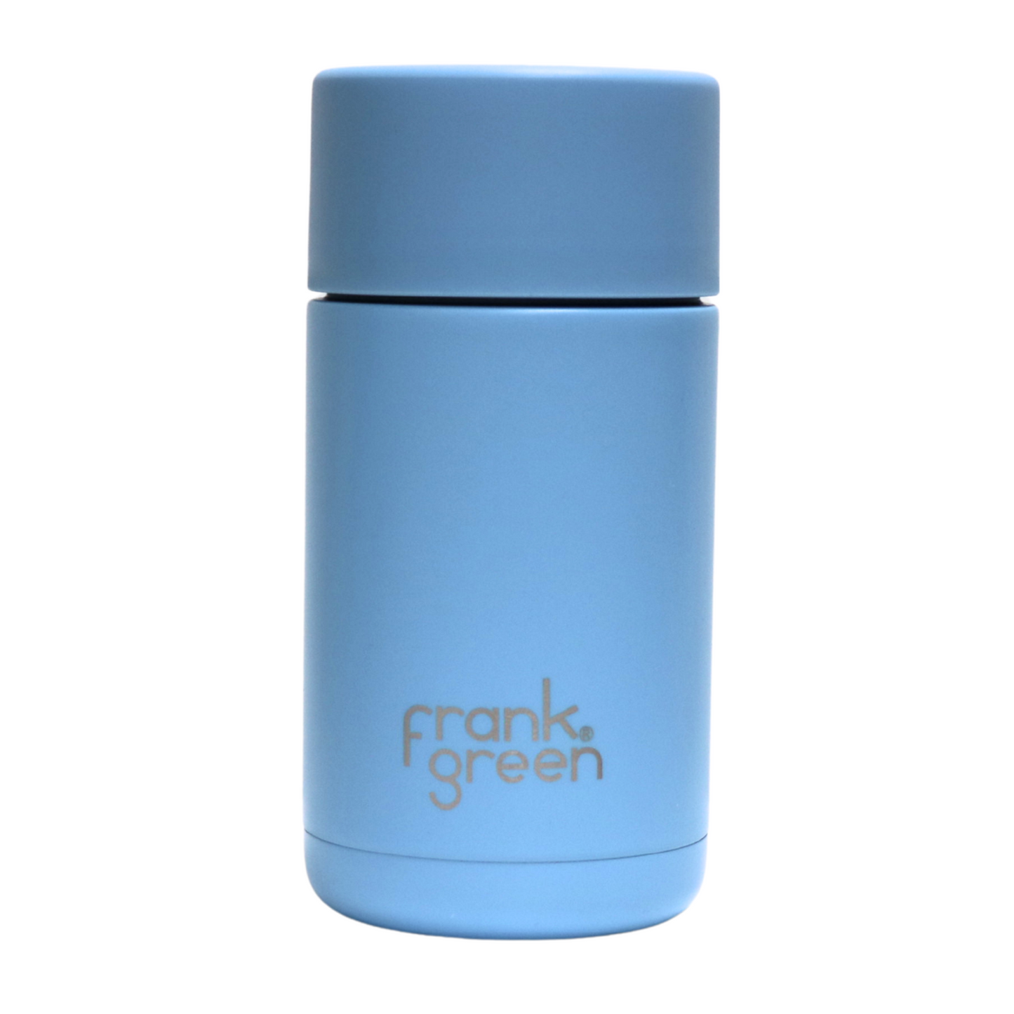The back of the Frank Green Thermal Reusable Coffee Cup - 355ml in Sky Blue with the Frank Green logo laser engraved.