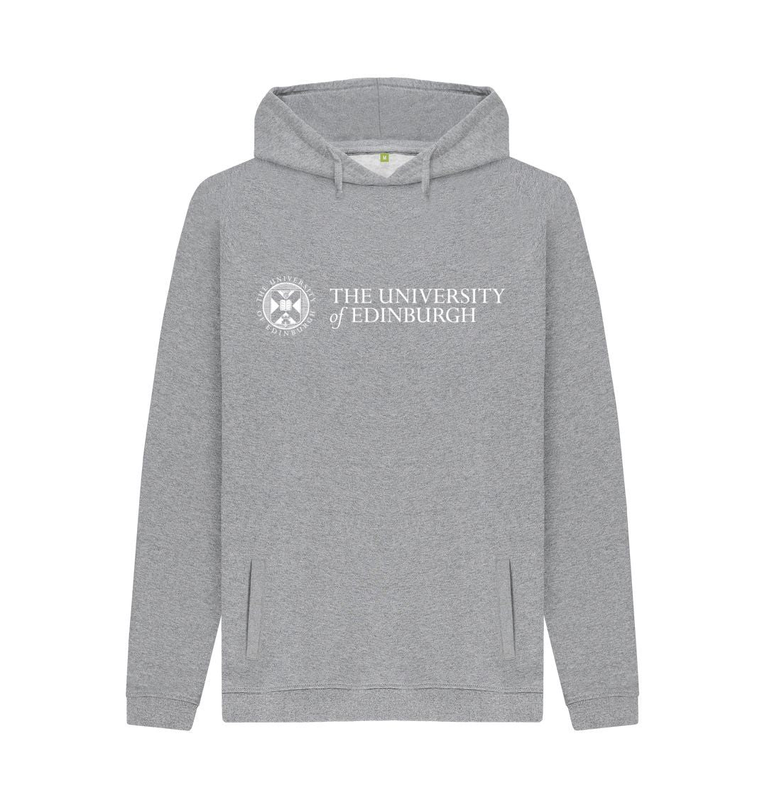 A grey pullover hoodie with the University logo printed across the chest in white