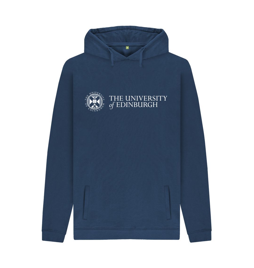 A navy pullover hoodie with the University logo printed across the chest in white