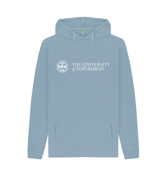 A stone blue pullover hoodie with the University logo printed across the chest in white