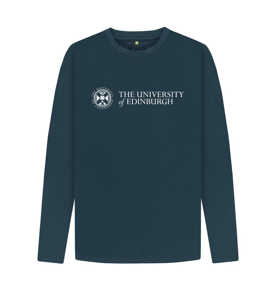 A demin blue long sleeved t-shirt with the University logo printed across the chest in white