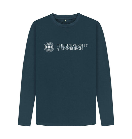 A demin blue long sleeved t-shirt with the University logo printed across the chest in white