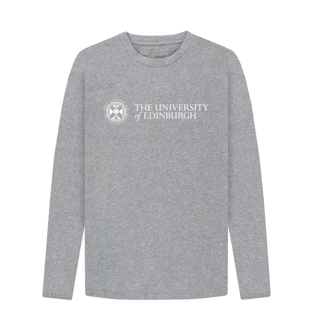 A light grey long sleeved t-shirt with the University logo printed across the chest in white