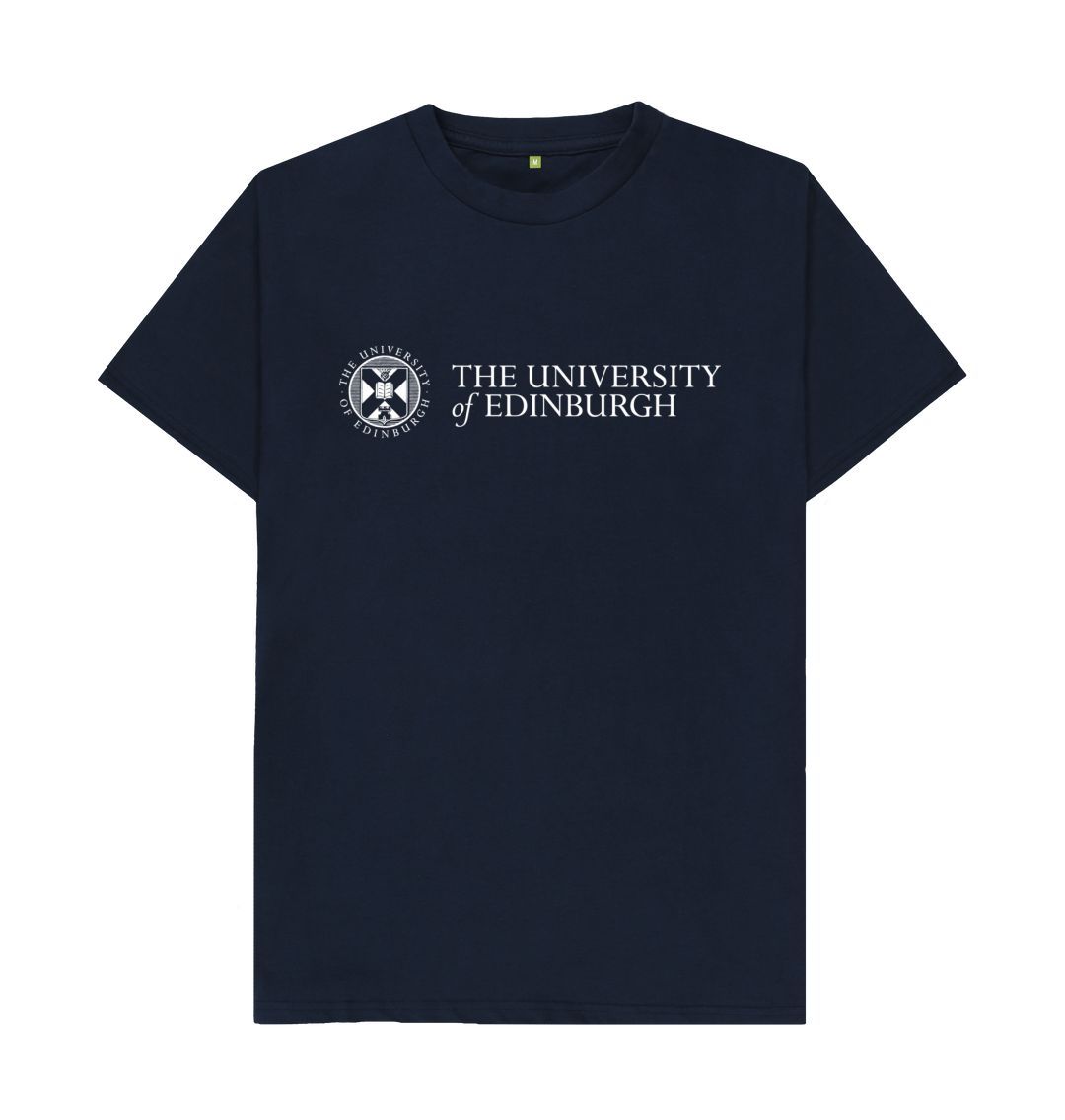 A navy blue t-shirt with the University logo printed across the chest in white