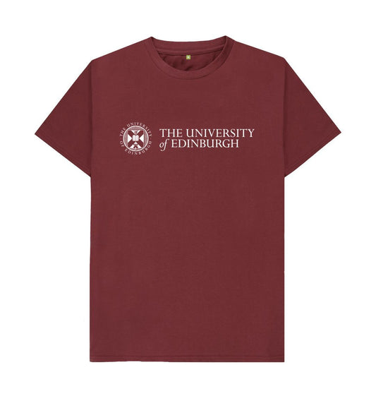 A wine red t-shirt with the University logo printed across the chest in white