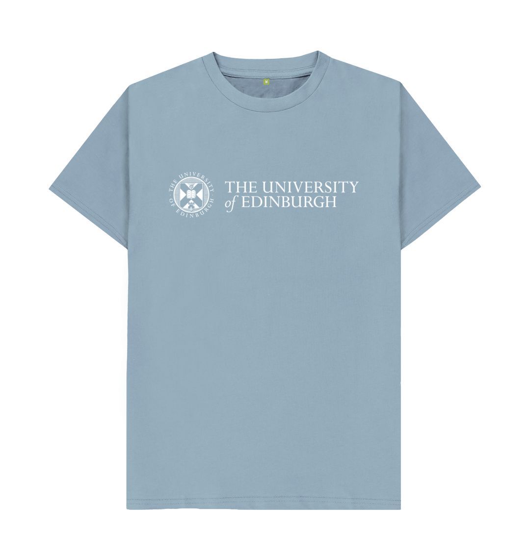 A stone blue t-shirt with the University logo printed across the chest in white