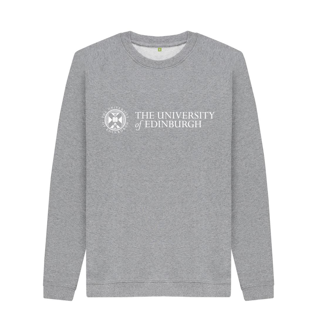 A light heather grey sweatshirt with the University logo printed across the chest in white