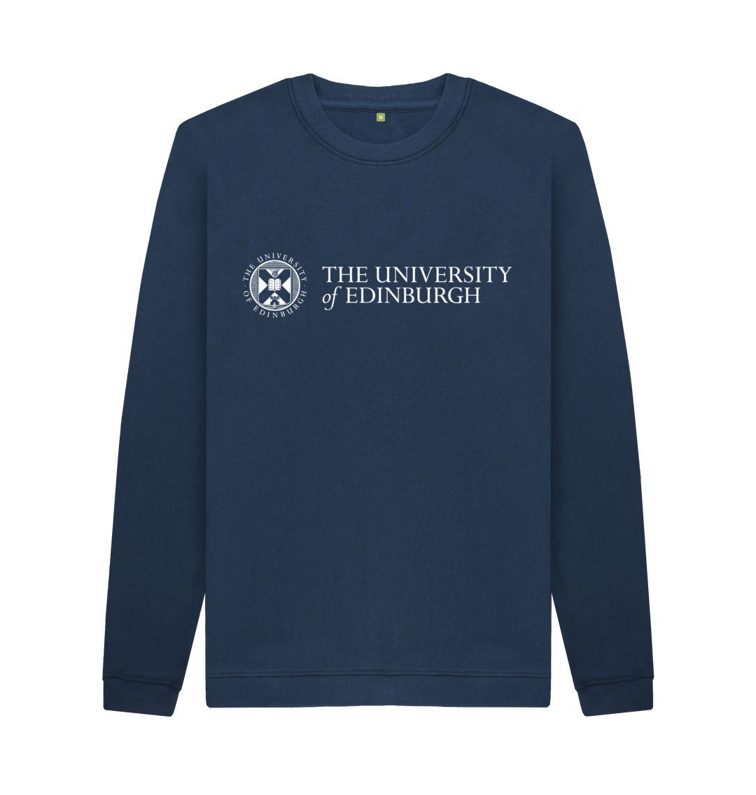 A navy blue sweatshirt with the University logo printed across the chest in white