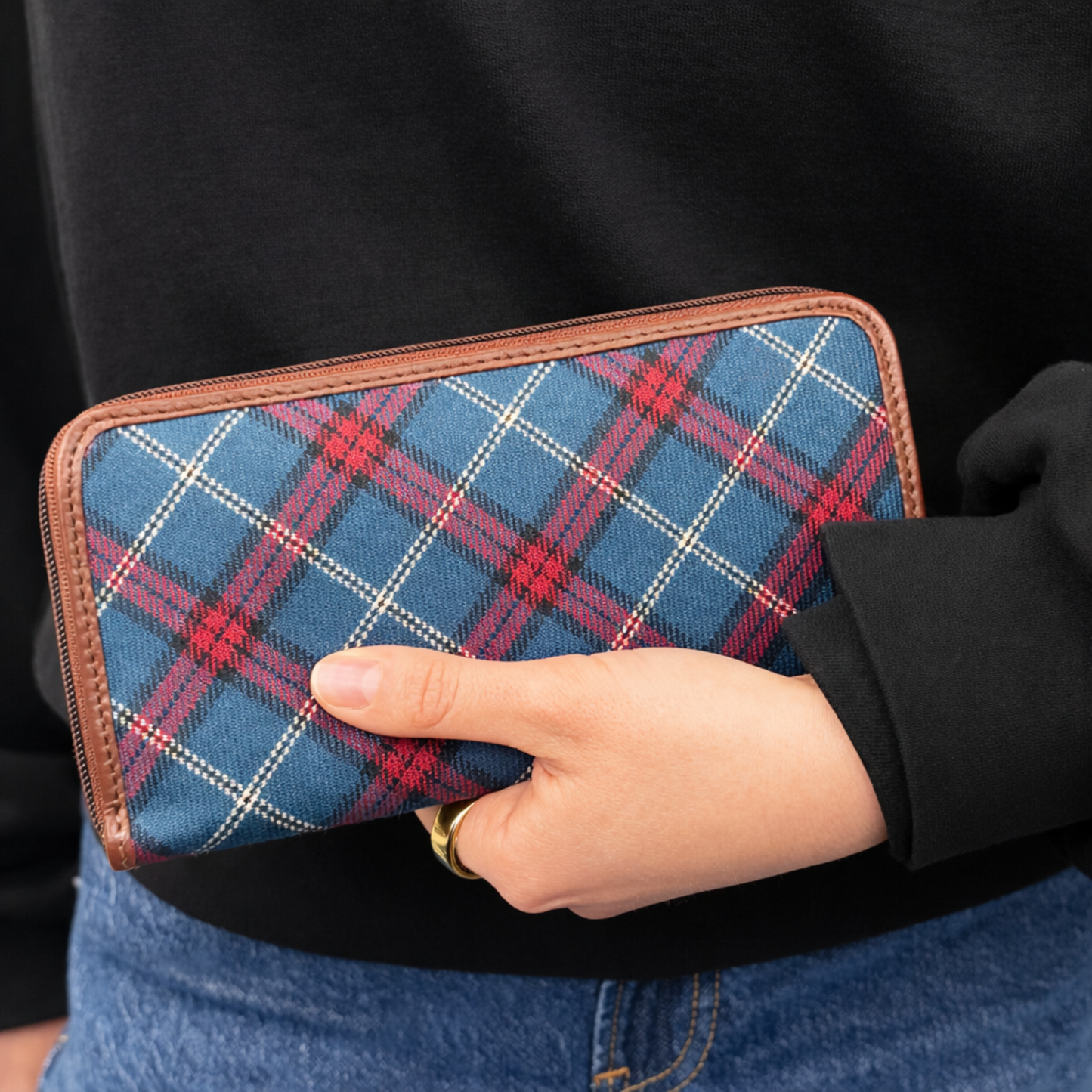 Tartan and Leather Long Wallet