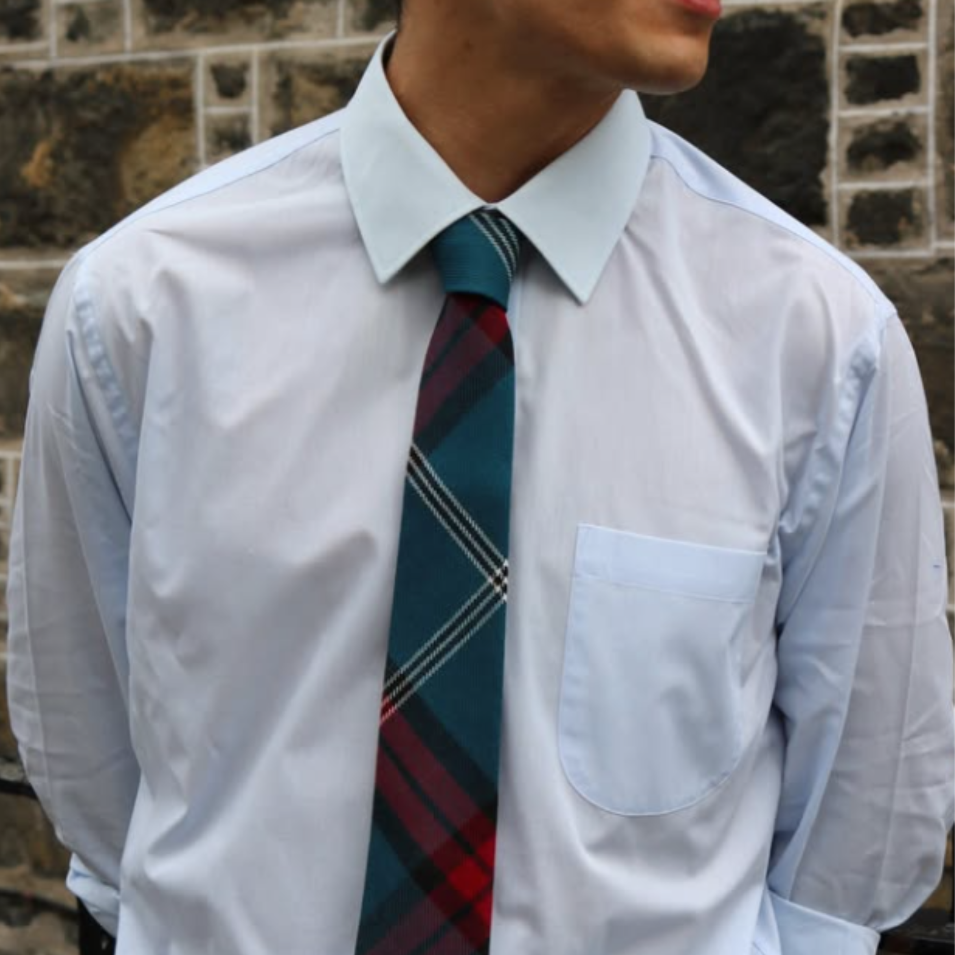 Person wearing a white shirt with a tartan tie against a stone wall background