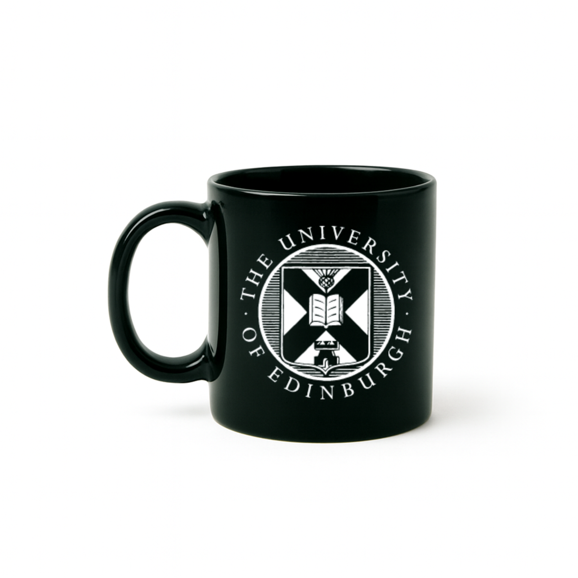 dark green mug with white University crest