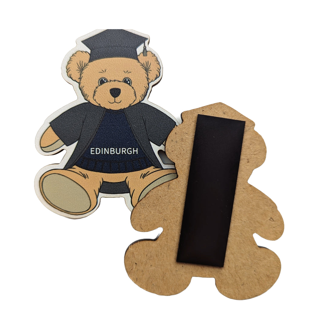 Wooden Edibear Magnet - two are shown, one presenting the front and the other showing the back.