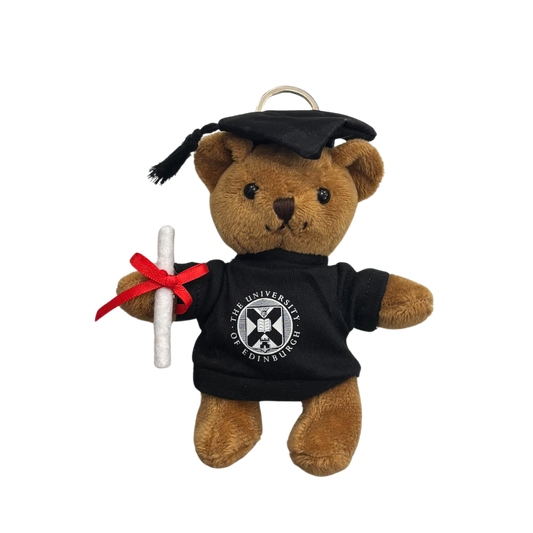 Graduation-themed teddy bear Keyring with a cap, tassel, and diploma on a white background