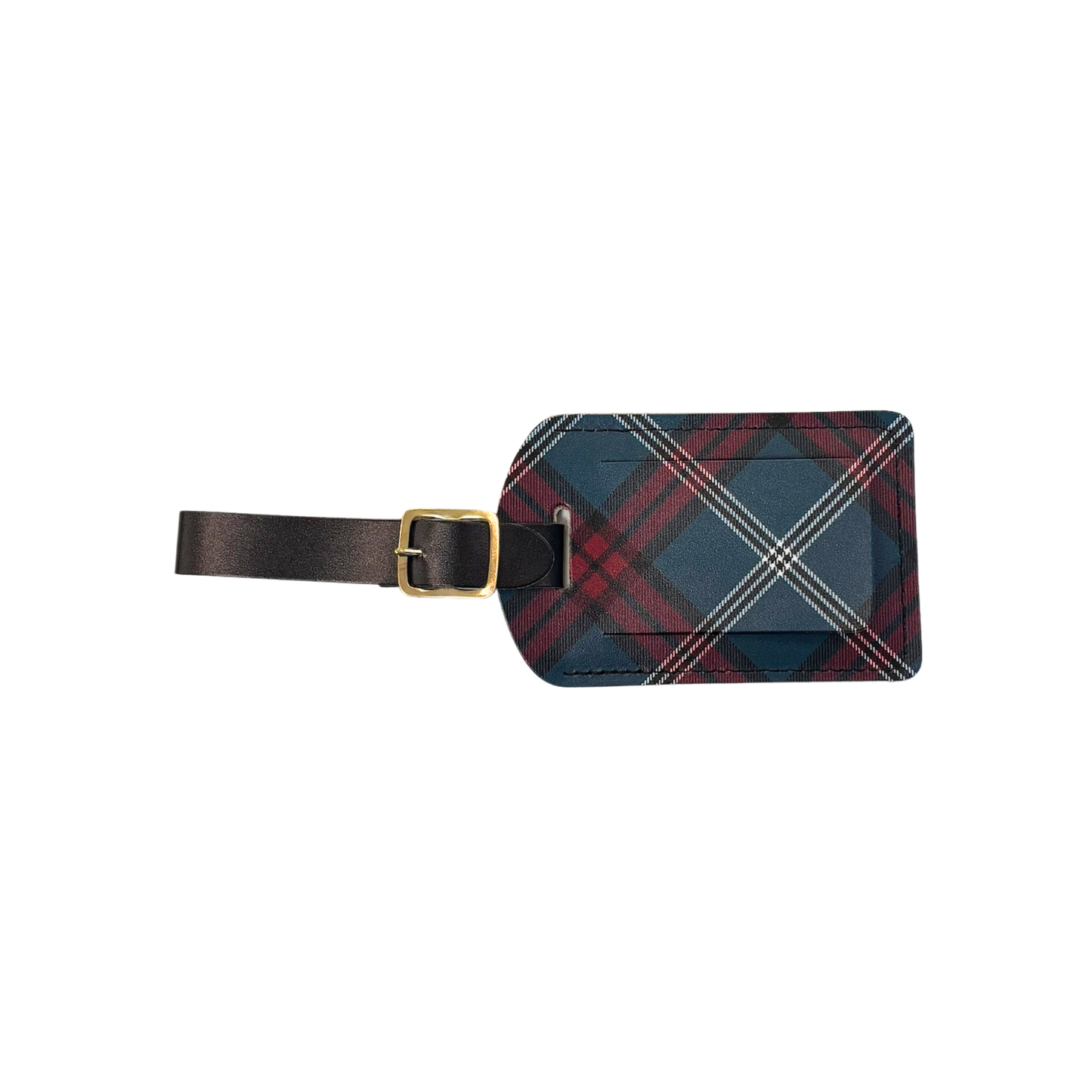 University tartan luggage tag with a brown strap and gold buckle. Flap hides personal details.